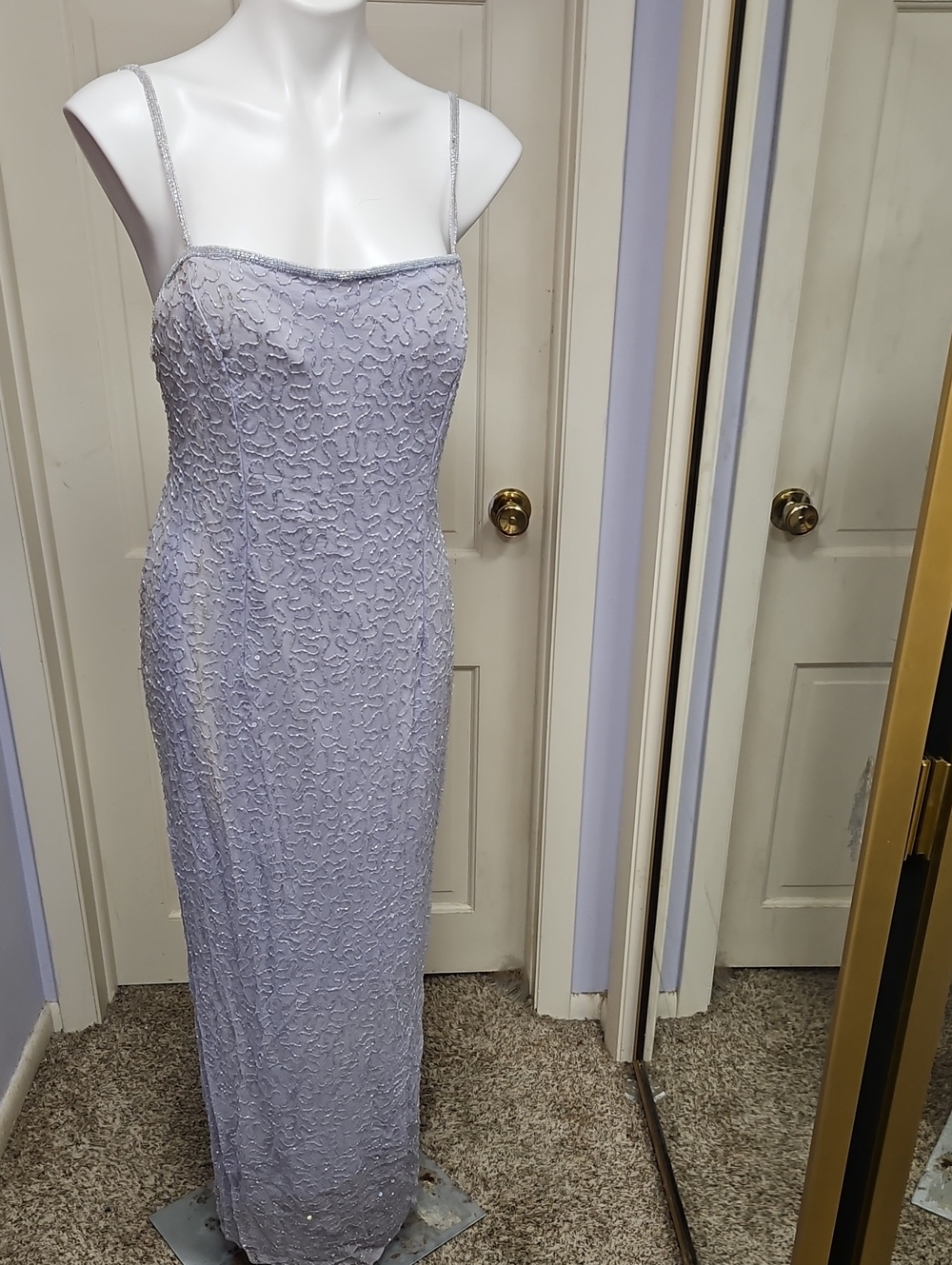 Vtg 90s Silk ! Elegant Lavender Hand Sewn Beaded Evening Gown
